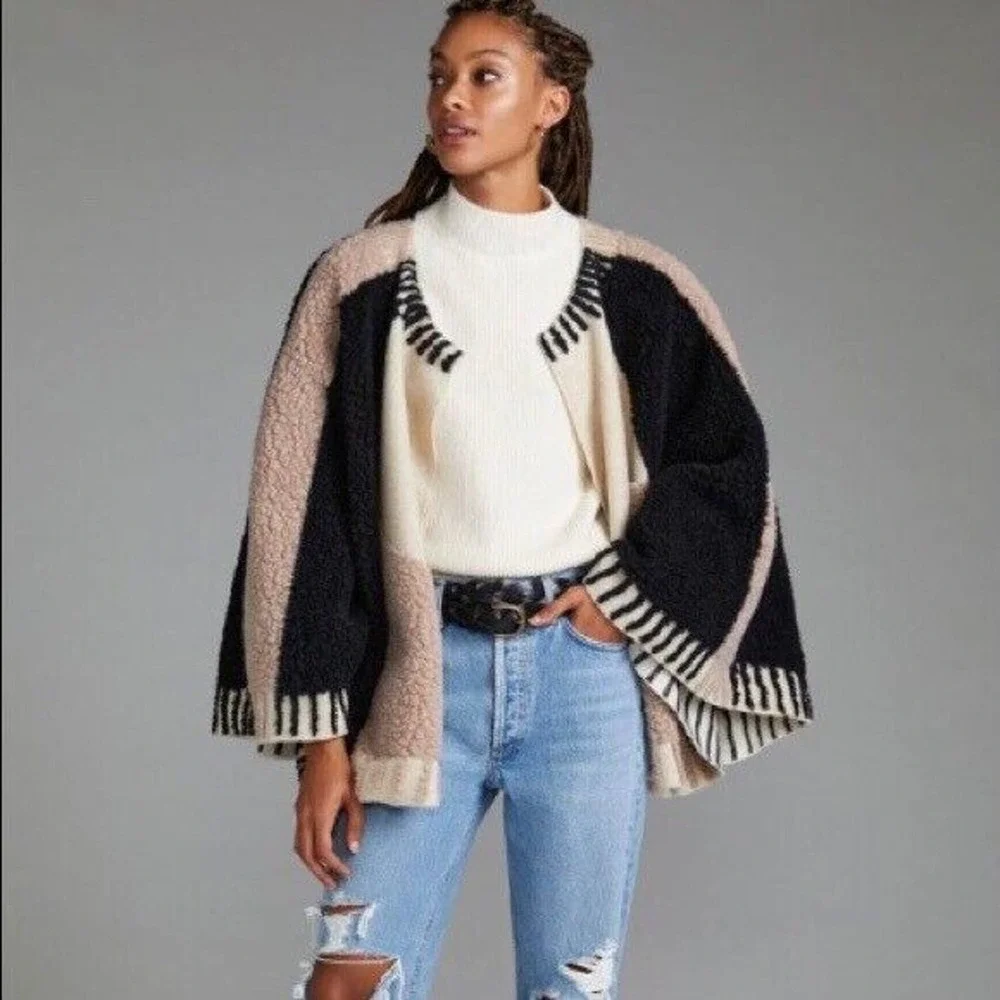 NWT Maeve Anthropologie Dusk & Dawn Capelet Sherpa Colorblock Textured Cape Boho - Picture 1 of 12